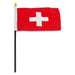 Swiss flag with white cross on red background mounted on a black plastic stick with gold finial.