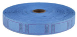 Roll of blue raffle or admission tickets with perforated sections and printed numbering, containing approximately 2000 tickets wound around a cardboard tube.