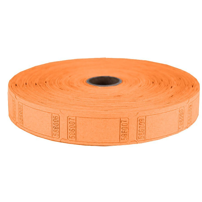 Roll of orange raffle tickets with perforated sections and numbered printing, containing approximately 2000 tickets wound on a cardboard center tube.