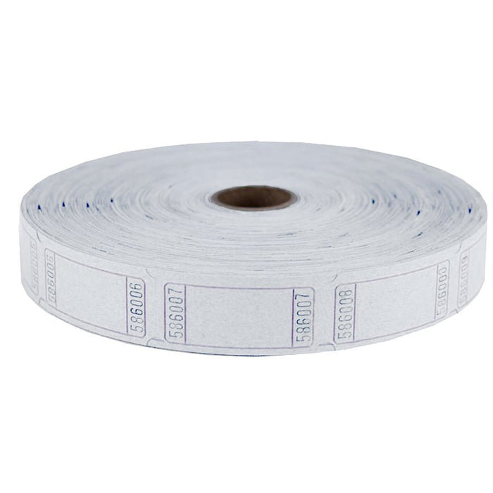 White roll of perforated tickets with numbered sections displayed on a cardboard tube, containing approximately 2000 individual tickets.