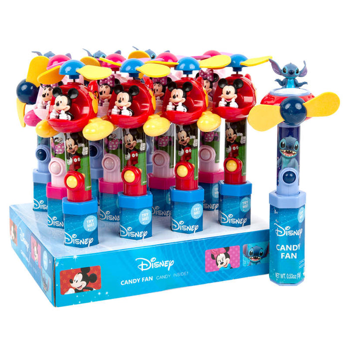 Disney Assorted Helicopter Candy Fan: a handheld fan toy attached to candy, in a mix of bright colors. Individually wrapped, 0.53 oz size.