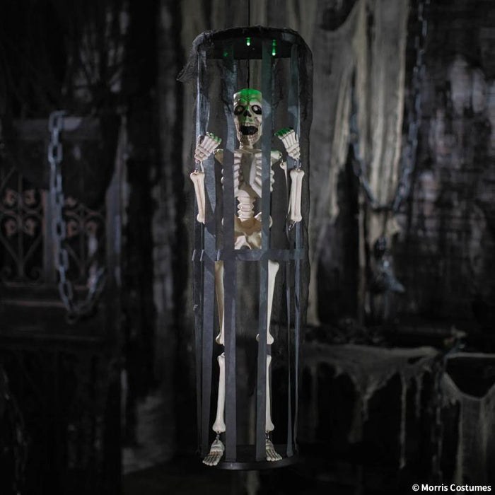 Full-length product photo of the 40" Animated Light-Up Skeleton in a Shaking Cage, shown against a plain white background — posed as an animated figure, with glowing light-up details. It measures about 10" x 10" x 40". A Halloween decoration.