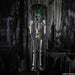 Full-length product photo of the 40" Animated Light-Up Skeleton in a Shaking Cage, shown against a plain white background — posed as an animated figure, with glowing light-up details. It measures about 10" x 10" x 40". A Halloween decoration.
