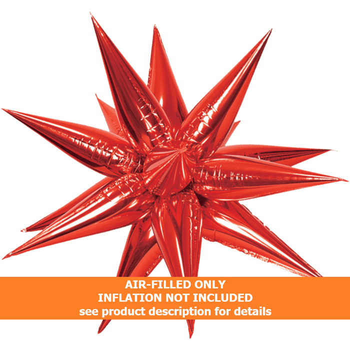 Red starburst-shaped foil balloon with multiple pointed spikes radiating outward, marked air-filled only with inflation not included.