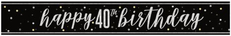 Black banner with white and gold confetti dots and white script text reading "happy 40th birthday.