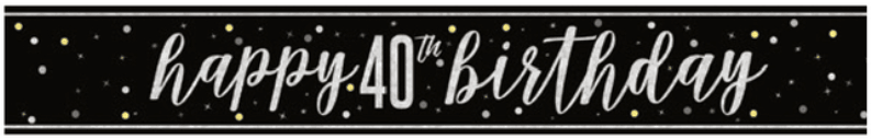 Black banner with white and gold confetti dots and white script text reading "happy 40th birthday.