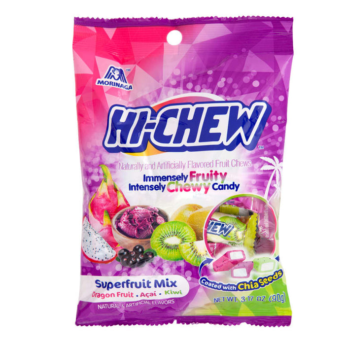 Hi-Chew Superfruit: soft chewy fruit candy cubes, in a mix of bright colors. Sold in a 3.17 oz clear plastic peg bag that hangs from a printed header card, with the candy visible inside.