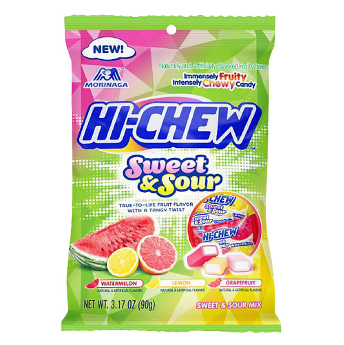 Hi-Chew Sweet & Sour Mix: sour candy. Sold in a 3.17 oz clear plastic peg bag that hangs from a printed header card, with the candy visible inside.