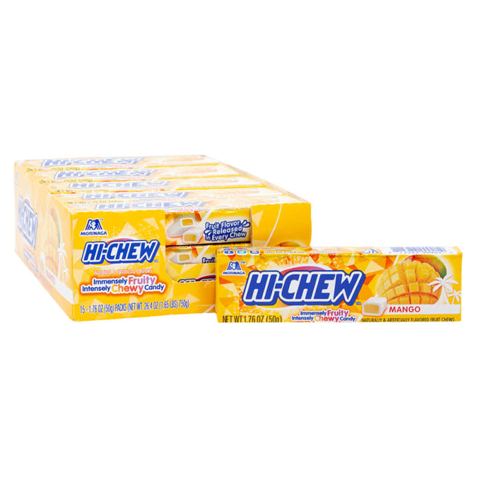 Hi-Chew Mango: soft chewy fruit candy cubes, golden-orange in color. Individually wrapped, 1.76 oz size.