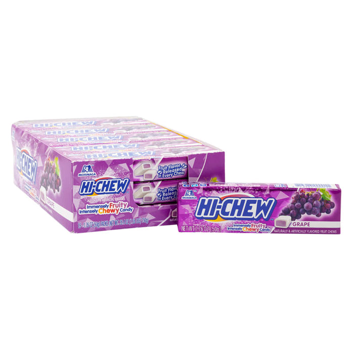 Hi-Chew Grape: soft chewy fruit candy cubes, purple in color. Individually wrapped, 1.76 oz size.
