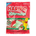 Haribo Watermelon: soft, chewy gummy candies, pink and green in color. Sold in a 4.1 oz clear plastic peg bag that hangs from a printed header card, with the candy visible inside.