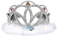 Ornate silver-toned tiara adorned with colorful gemstones and rhinestones, featuring white marabou feathers at the base and decorative winged elements on the sides.