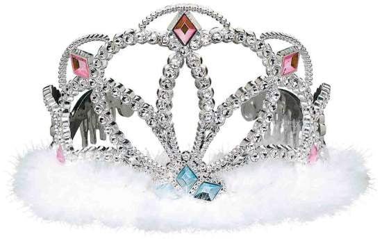 Ornate silver-toned tiara adorned with colorful gemstones and rhinestones, featuring white marabou feathers at the base and decorative winged elements on the sides.