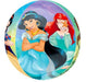 Spherical foil balloon featuring Disney Princesses Jasmine and Ariel in colorful gradient background with rainbow border and additional princess characters around the sides.