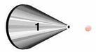 Gray and black conical piping tip with number 1 label, displayed next to a small pink ball on white background.
