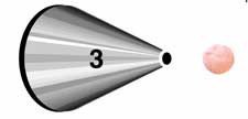 Metallic gray cone-shaped piping tip numbered 3 with a small round opening, displayed next to a pink circular reference dot showing the size of the tip opening.