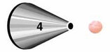 Silver metal round decorating tip numbered 4 displayed next to a small pink frosting sample showing the piping pattern it creates.