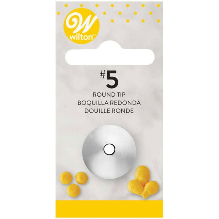 Wilton #5 round decorating tip with a silver metal dome-shaped nozzle displayed on gray packaging with yellow accents and the Wilton logo.