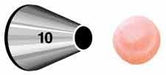 Metal piping tip numbered 10 next to a pink frosting sample showing the round pattern it creates.
