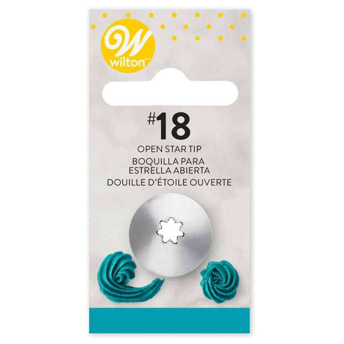 Wilton #18 open star decorating tip in silver metal with teal example piping designs shown below the packaging on a gray and white cardboard card.