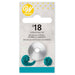 Wilton #18 open star decorating tip in silver metal with teal example piping designs shown below the packaging on a gray and white cardboard card.