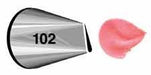 Silver metal piping tip numbered 102 next to a swatch showing a pink petal-shaped frosting pattern.