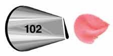 Silver metal piping tip numbered 102 next to a swatch showing a pink petal-shaped frosting pattern.