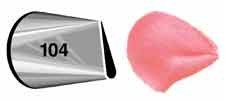 Metal decorating tip numbered 104 with a petal-shaped opening on the left, displayed next to a pink piped frosting sample on the right.