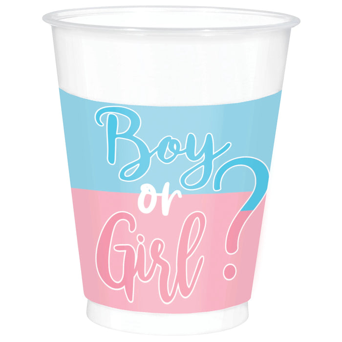 The Big Reveal plastic cup with blue and pink “Boy or Girl?” design in white lettering, sold in a 25-count pack.