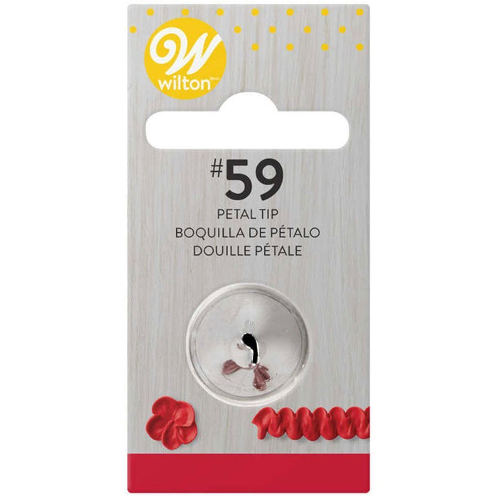 Wilton #59 petal decorating tip in clear circular packaging with yellow branding and red petal designs on a gray and white card.