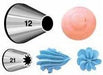 Two metal piping tips numbered 12 and 21 displayed above three blue frosting bags in various sizes and styles.