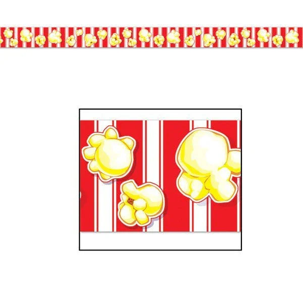 Red and white striped decorative tape with yellow popcorn illustrations arranged horizontally across the design.