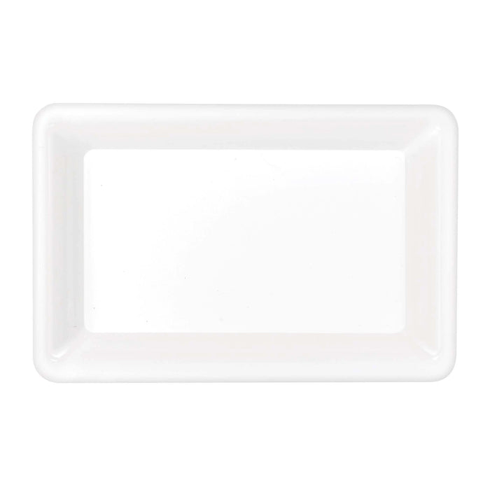 A white 9" x 14.25" Rectangular Plastic Platter.