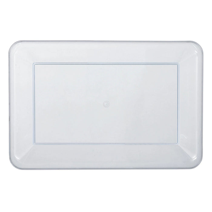 A clear 9" x 14.25" Rectangular Plastic Platter.