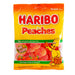 Haribo Peaches Gummi Candy: ring-shaped gummy peaches, orange in color. Sold in a 5 oz clear plastic peg bag that hangs from a printed header card, with the candy visible inside.