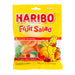Haribo Fruit Salad Gummi Candy: soft, chewy gummy candies. Sold in a 5 oz clear plastic peg bag that hangs from a printed header card, with the candy visible inside.