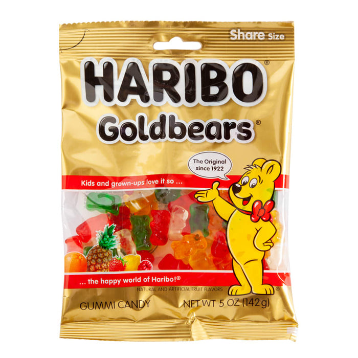 Haribo Goldbears Gummi Candy: small gummy bears. Sold in a 5 oz clear plastic peg bag that hangs from a printed header card, with the candy visible inside.