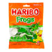 Haribo Frogs Gummi Candy: gummy frogs. Sold in a 5 oz clear plastic peg bag that hangs from a printed header card, with the candy visible inside.