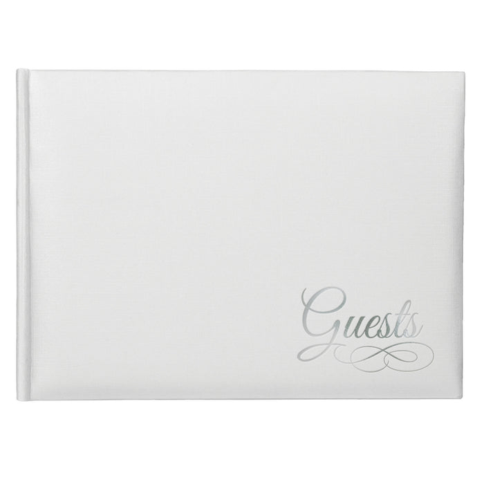 White hardcover guest book with subtle silver “Guests” script in elegant calligraphy, designed for collecting signatures and messages at weddings and special events.