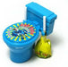 Blue toy toilet with colorful spinning game wheel on the lid, accompanied by a blue storage tank and a yellow sour candy bag.