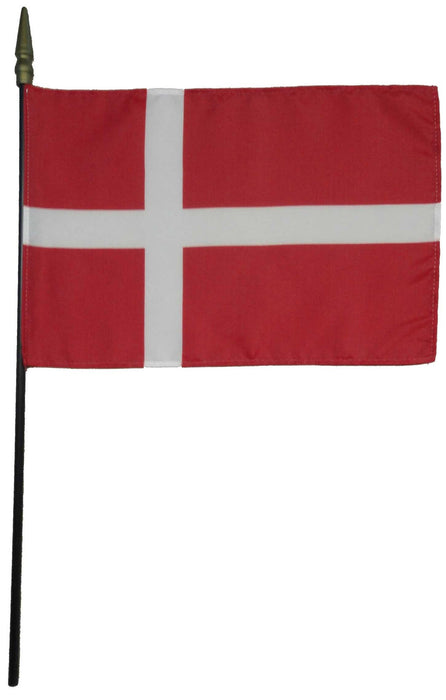 Red flag with a white Nordic cross, mounted on a black stick with a pointed finial.