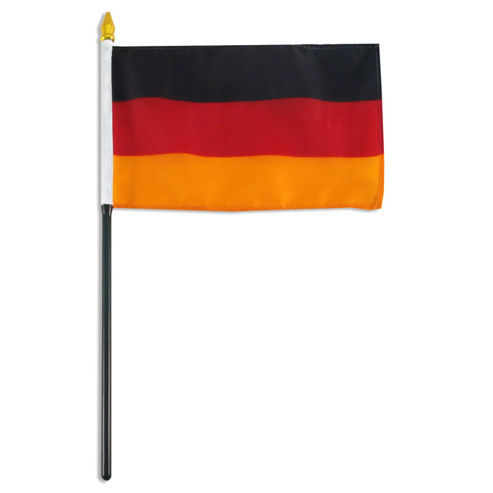 German flag with horizontal black, red, and gold stripes mounted on a black stick with gold finial.