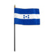 Honduran flag featuring three blue and white horizontal stripes with five blue stars arranged in the center white band, attached to a black stick with a gold finial on top.