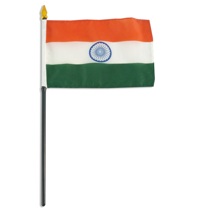 Indian flag with horizontal orange, white, and green stripes and blue Ashoka Chakra in center, mounted on a black plastic stick with gold finial.