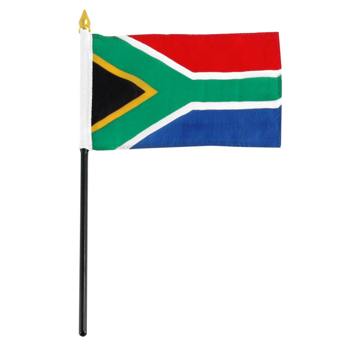 South Africa flag with red, blue, green, black, white, and gold colors featuring a centered arrow design, mounted on a black plastic stick with gold flame-shaped topper.