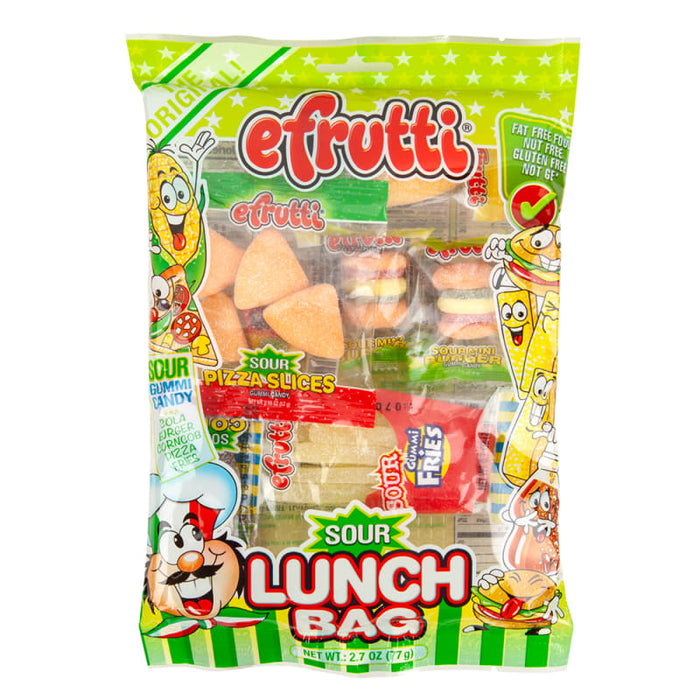 Efrutti Sour: novelty gummy candies shaped like little foods. Sold in a 2.7 oz printed bag styled like a lunch sack, printed with the brand name and product.