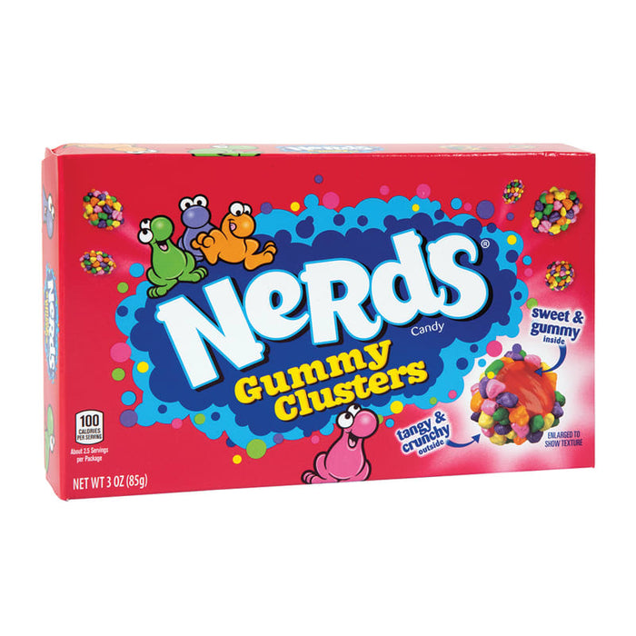 Nerds Gummy Clusters: gummy clusters coated in tiny crunchy Nerds. Sold in a 3 oz rectangular cardboard theater box, printed with the brand name and product.