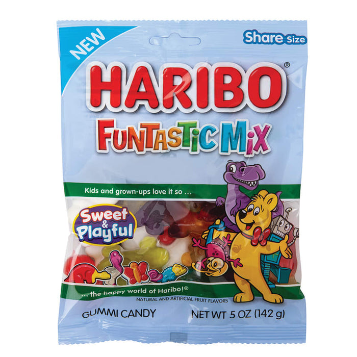 Haribo Funtastic Mix: soft, chewy gummy candies, in a mix of bright colors. Sold in a 5 oz clear plastic peg bag that hangs from a printed header card, with the candy visible inside.
