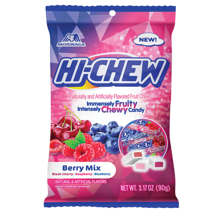 Hi-Chew Berry Mix: soft chewy fruit candy cubes, red and blue in color. Sold in a 3.17 oz clear plastic peg bag that hangs from a printed header card, with the candy visible inside.