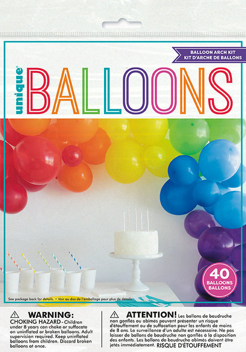 Rainbow Latex Balloon Arch Kit packaging with red, orange, yellow, green, blue, and purple balloon garland display and 40 balloons included.